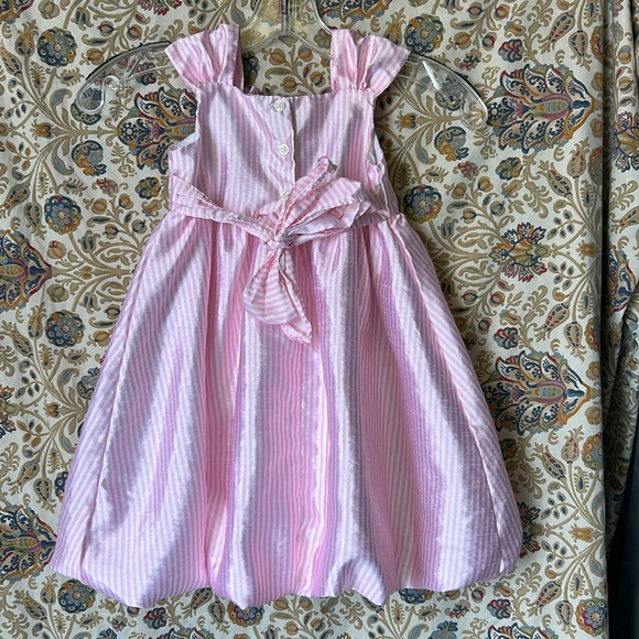 Marmellata Bubble Hem 3D Flower Striped Dress Barbiecore Sheen Pink/White 4 - Picture 3 of 16